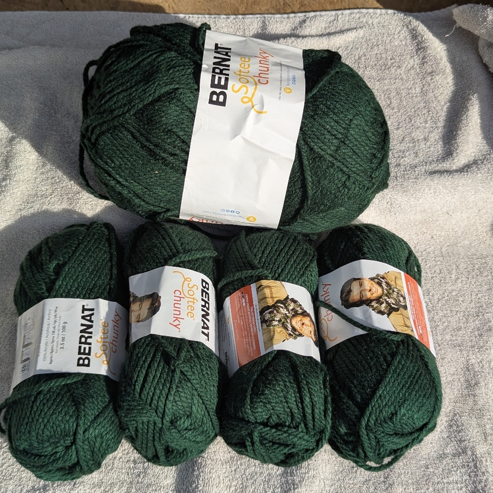Bernat Softee Chunky Yarn in Dark Green, 4 Skiens Same Lot+ 1 Large Skien, Lot 1